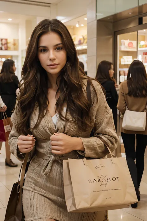 A portrait of a glamorous brunette model with cascading waves of brown hair and captivating brown eyes seen at shopping, elegantly carrying a stylish shopping bag without branding. This impeccably detailed photograph captures the model while shopping with ...