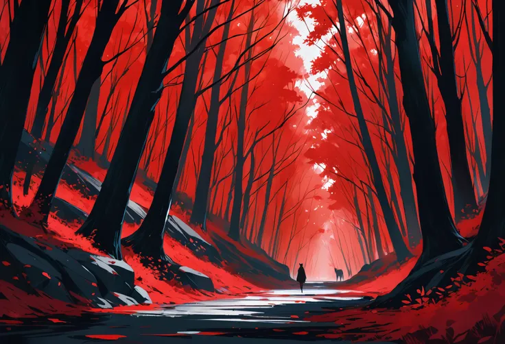 artist by Olly Moss,inside the red forest,wild animals,dark tones,(smooth strokes:1.5),fine sketches,Vivid,Moody,Landscapes,Fantasy,Dark,landscape oil painting,