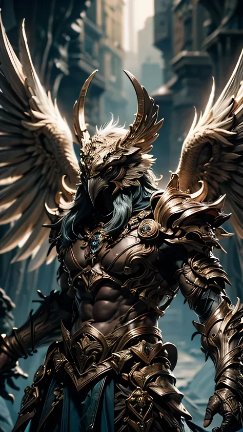 garuda, (bird head:1.2), very hairy body, huge, (bird talons:1.1), luxurious armor, , cinematic lighting effects, , dynamic comp...