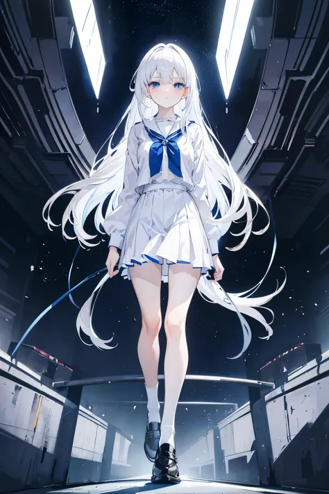 "anime girl, 1 person, silver white hair, dark blue eyes,(( womens shirt)), womenvest,school uniforms,dark blue dress, white socks, moderate chest, stern face, full body,solo, seen from many different angles,"(full HD 4K+ image)"