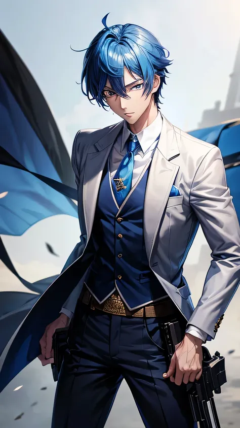 anime character with a gun and a blue tie posing for a picture, tall anime guy with blue eyes, handsome anime pose, male anime character, anime handsome man, young anime man, smooth anime cg art, ryuta ueda artwork, makoto shinka, anime boy, highly detaile...