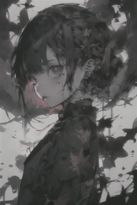 v5lcn style,ink art,(Best Quality,masutepiece:1.2),(black and white comic core:1.1),(extreme high contrast),Dark ink,1girl in,A dark-haired,Shadow on face、8K,resolution,High School Girl
