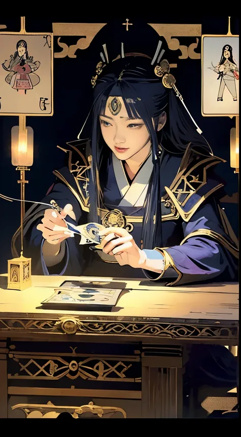 masterpiece、highest quality,Perfect lighting,(((Female Tarot card reader))),She is smiling as she looks at the many tarot cards laid out on the table.,(((Beautiful Japanese fortune teller))),Mysterious mood,A bookshelf filled with beautiful ornaments,Backg...