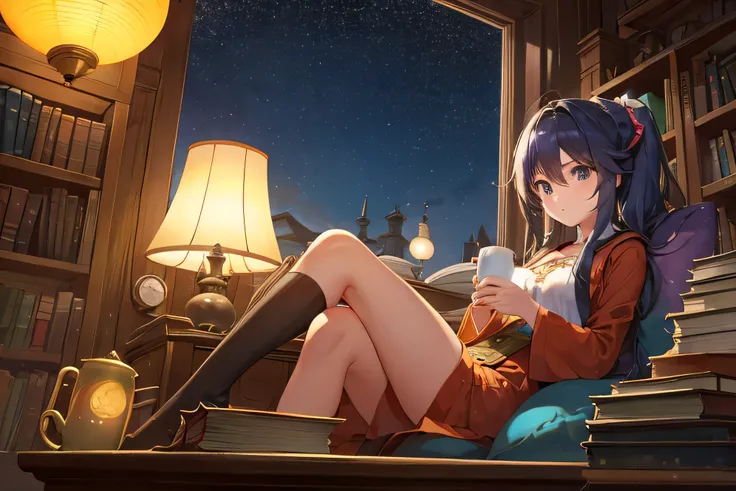 A girl reading a book by the window and looking at the stars　night　Lantern light　A mug on the side table　Surrounded by a lot of books　He is leaning his back against a large cushion