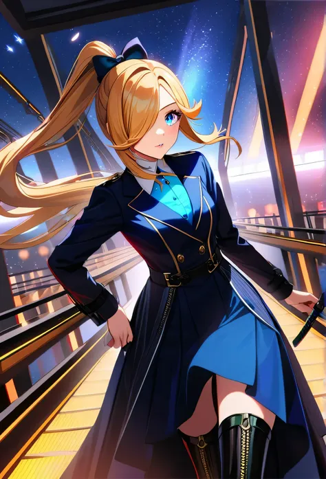 1 girl, ultra long ponytail hair, side bangs hair, gorgeous woman, hair over one eye Rosalina hair style, blonde, red bangs in the hair, with red fringes, ultra detailed face, glowing lips, glowing, school girl, glowing lips, glowing blue eyes, elegant wal...