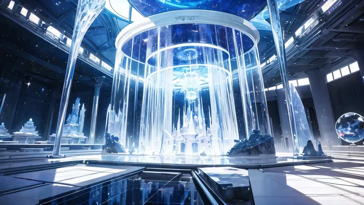 Very large space, large crystal, marble, transparency, mysterious, fantasy, near future, science fiction, unmanned, Japanese anime style