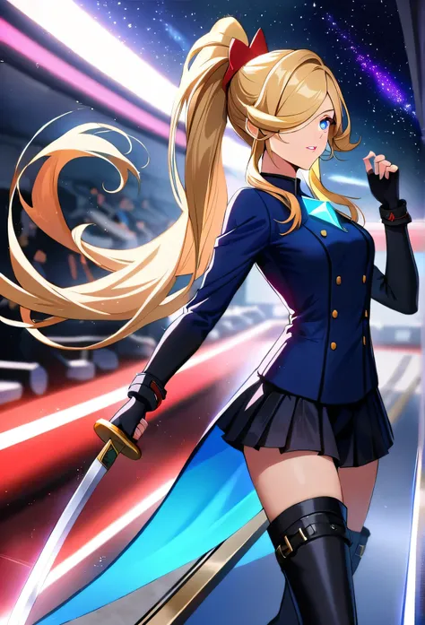 1 girl, ultra long ponytail hair, side bangs hair, gorgeous woman, hair over one eye Rosalina hair style, blonde, red bangs in the hair, with red fringes, ultra detailed face, glowing lips, glowing, school girl, glowing lips, glowing blue eyes, elegant wal...