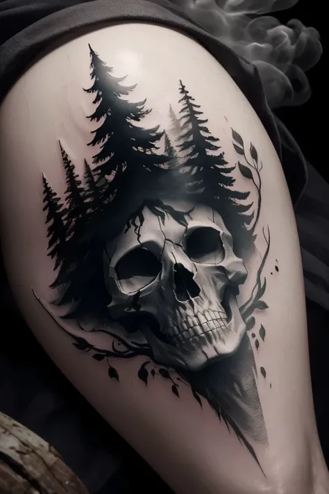 simplistic tattoo concept of a forest campfire with grey smoke forming into a skull during sunset