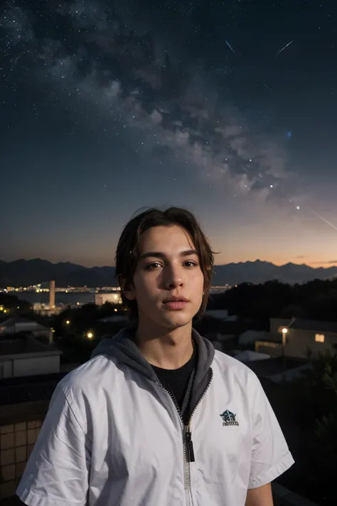 1 garoto em cima de predios apresiando a paisagem de uma noite muito colorida cheia de estrelas e mal reconhece o garoto estilo anime