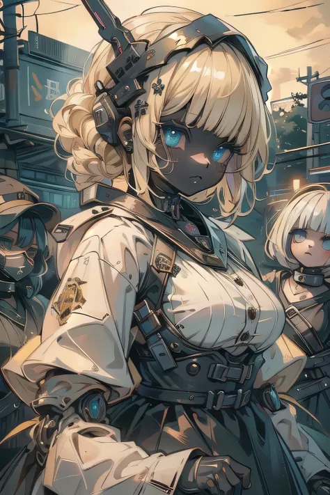 (masterpiece:1.2), (highest quality:1.2), Perfect Eyes, Perfect Face, Perfect lighting, One girl,bob, Complicated hairstyle, compensate, Black Lips, Thick eyelashes, sad, melancholy Beautiful Landscape,Blonde Hair,Assault rifle,doll,doll,doll,(large breast...