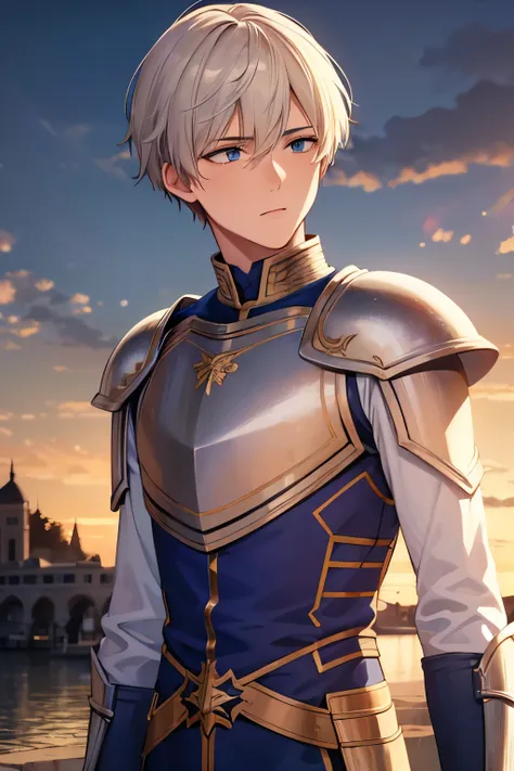 (best quality,8k,masterpiece:1.2),anime style,high-res,teenage boy,21 years old,short white hair,bangs,blue eyes,azure eyes,detailed face,perfect complexion,white t-shirt,long sleeves,white shirt with blue details,golden armor,sword,detailed armor(with sho...