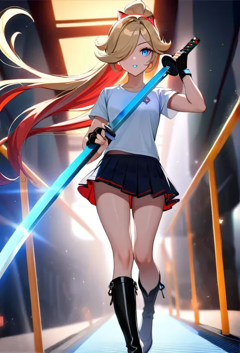 1 girl, ultra long ponytail hair, side bangs hair, gorgeous woman, hair over one eye Rosalina hair style, blonde, red bangs in the hair, with red fringes, ultra detailed face, glowing lips, glowing, school girl, glowing lips, glowing blue eyes, elegant wal...