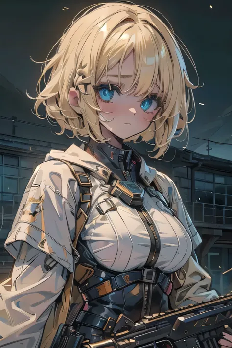 (masterpiece:1.2), (highest quality:1.2), Perfect Eyes, Perfect Face, Perfect lighting, One girl,bob, Complicated hairstyle, compensate, Black Lips, Thick eyelashes, sad, melancholy Beautiful Landscape,Blonde Hair,Assault rifle,(large breasts)