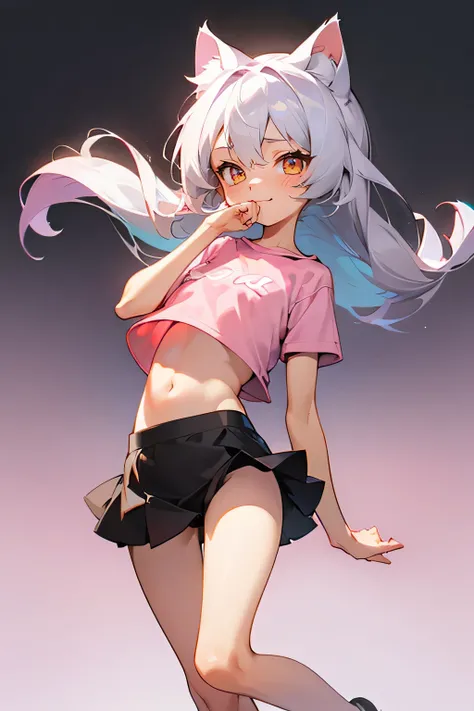 1girl, silver hair, golden eyes with pupils, ((skinny)), ((petite)), short, small, ((neko)), (cropped solid pastel pink tshirt), long hair, short skirt, (((kid))), cat ears, happy, blush, flat chest, midriff, at school, tummy