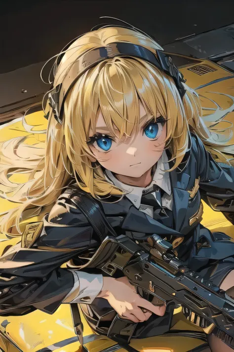 (masterpiece:1.2), (highest quality:1.2), Perfect Eyes, Perfect Face, Perfect lighting, One girl,Blonde Hair,Assault rifle,battle field,from above