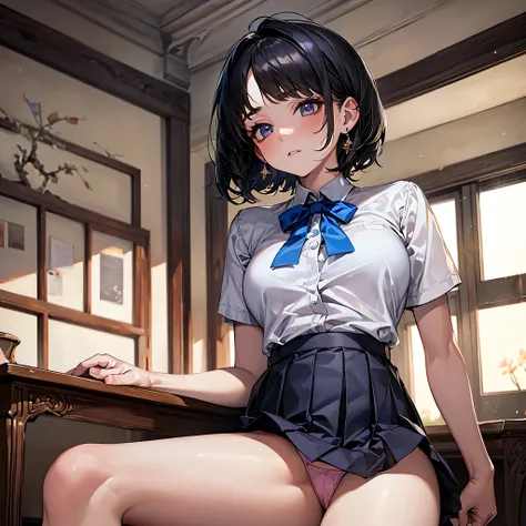 ((highest quality)), ((masterpiece)), (detailed), Perfect Face,classroom,detailed eye,1woman,18yo,Side-swept bangs 1.4,short hair,black hair,Natural Makeup1.3，Earrings,White blouse,Blue Ribbon Tie,Grey mini pleated skirt,Pink Panties,Girl sitting,spread le...