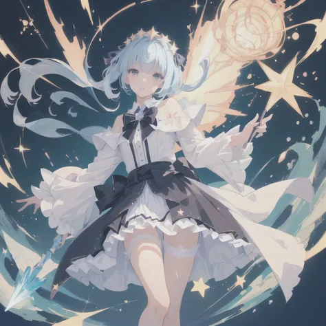 Woman in short skirt holding magic wand and star, Lolita in a skirt, Popular on artstation pixiv, Ink art animation , Clean and detailed anime art, Highest rated on pixiv, Popular topics on pixiv, Digital art on pixiv, Detailed key animation art, beautiful...