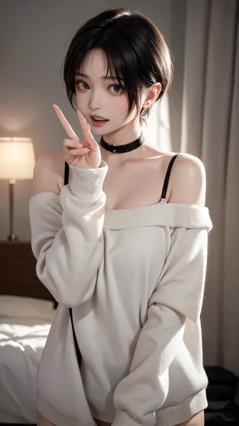 1 girl、solo、masterpiece,highest quality,high resolution,very detailed, skinny,black choker,earrings,big cleavage、off-the-shoulde...