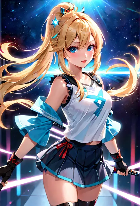 1 girl, ultra long ponytail hair, side bangs hair, straight hair,  gorgeous woman, hair over one eye, detailed make up, Rosalina hair style, blonde, red bangs in the hair, with red fringes, ultra detailed face, glowing lips, glowing, school girl, glowing l...