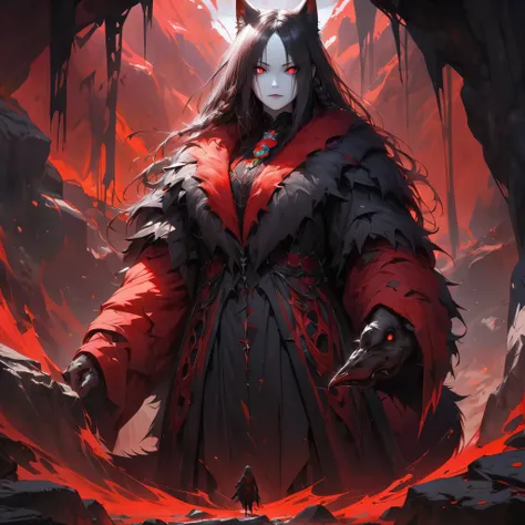 [Best Quality, Shaded, Extreme Detail, Highly Detailed, Ultra Detailed, Intricate, Realistic, Full View, Detailed Landscape, Full Body Portrait], Wolf Woman, Full Fur, Red Fur, Black Fur, Full Tail, Red Tail, Tail black, straight hair, hair with braid, a b...