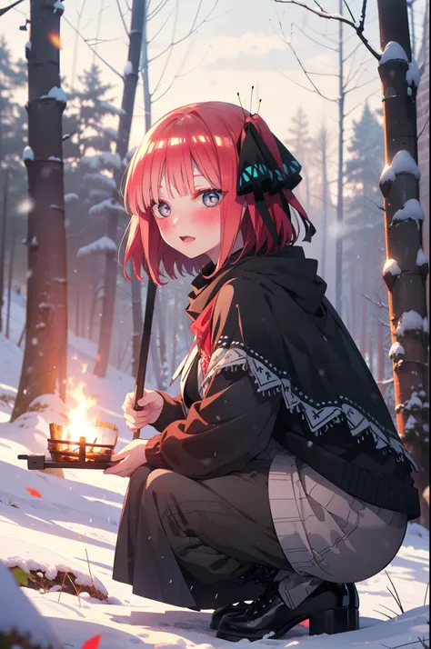 I was silent, Nino Nakano, short hair, bangs, blue eyes, hair ornaments, Hair Ribbon, Pink Hair, blunt bangs, Both sides up, butterfly hair ornaments,smile,blush,White Breath,
Open your mouth,snow,Ground bonfire, Outdoor, boots, snowing, From the side, woo...