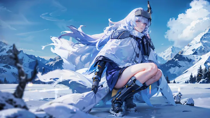 yellow eyes, white hair, long hair, headgear, mechanical boots, cloak, bare legs, single pauldron,snowy mountains, nothing,1 peo...