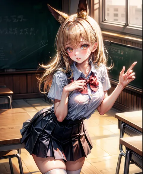 Dynamic posing, dynamic angle, Arrange pose,Top quality work，Show Legs，(short golden hair),(golden eyes), lovely red lips, Rose cheeks, Pretty Face, A perfectly proportioned face, school shirt with red bow and black skirt, (school uniform),  white stocking...