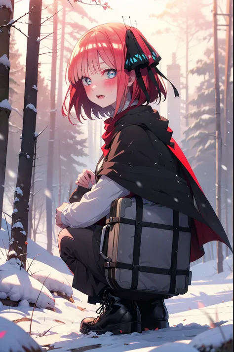 I was silent, Nino Nakano, short hair, bangs, blue eyes, hair ornaments, Hair Ribbon, Pink Hair, blunt bangs, Both sides up, butterfly hair ornaments,smile,blush,White Breath,
Open your mouth,snow,A bonfire on the ground, Outdoor, boots, snowing, From the ...