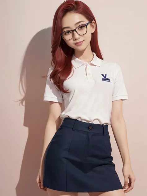 one person、one person、A 16-year-old high school girl poses for a photo in a navy blue polo shirt and a navy blue miniskirt、victory、Tsundere、Wearing thin, round glasses、smile、Saucy、Red Hair、small、Slim girl model photo、body:Female Model、Japanese female fashi...