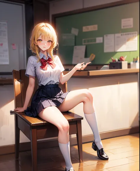 Dynamic posing, dynamic angle, Arrange pose,Top quality work，Show Legs，(short golden hair),(golden eyes), lovely red lips, Rose cheeks, Pretty Face, A perfectly proportioned face, school shirt with red bow and black skirt, (school uniform),  white stocking...