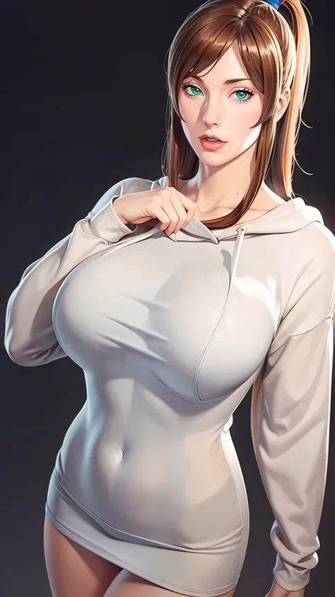 （（（完美figure，figure，solo， White and tender skin，（（（hoodie，wearing a hoodie））），（（（mei_terumi,long hair, brown hair, green eyes, hair over one eye, Red brown crossed long curly hair, right eye covered by hair, pink lips））），((masterpiece)),high resolution, ((B...