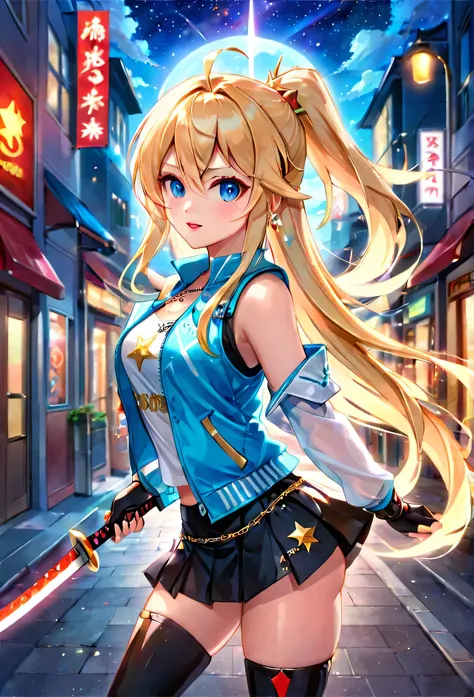 1 girl, ultra long ponytail hair, side bangs hair, straight hair,  gorgeous woman, hair over one eye, detailed make up, Rosalina hair style, blonde, red bangs in the hair, with red fringes, ultra detailed face, sharp eyes, glowing lips, glowing, school gir...