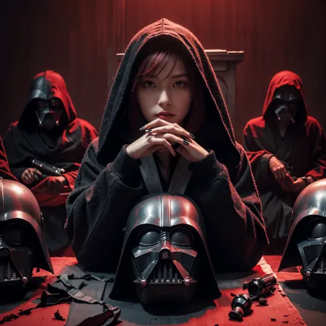 (very sharp result, full body desaturated photo) (((textile shading))), (((Best Quality))), (((masterpiece))) (((hyper realistic photo))) in starwars universe, dark atmosphere, backlight full body sith lordes japanese girl in black cult hoodie pale skin, v...