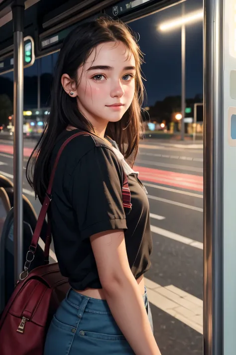 Australian neatly girl, (18 years old), in the bus stop, night, looking from front, blushing expression, (face and skin details), (masterpiece, best quality, highly detailed, hyper realistic) 