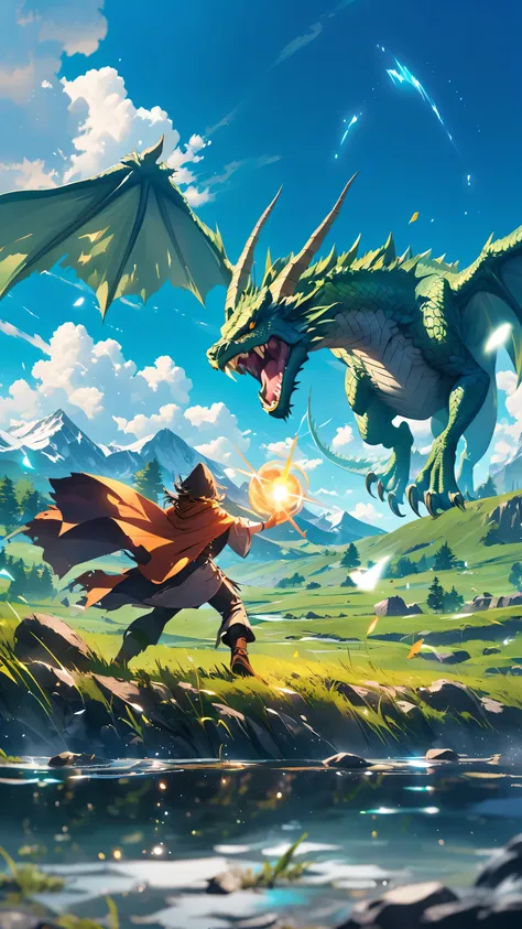 An adolescent wizard, clad in tattered robes, fiercely casting spells at a colossal dragon amidst a grassy battlefield with rolling valleys and majestic mountains looming in the background. Dynamic action, epic showdown, intense lighting, cinematic angle, ...