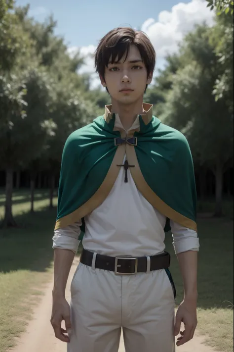 kazumasatou, kazuma satou, cabello corto, By the chestnut, (ojos verdes:1.3), enfoque masculino,
ROMPER shirt, mangas largas, Camisa blanca, belt, pantalones, capelet, brown belt,
ROMPER outdoor, bosque, naturaleza, trees, aldea, cielo, sol, nubes,
ROMPER ...