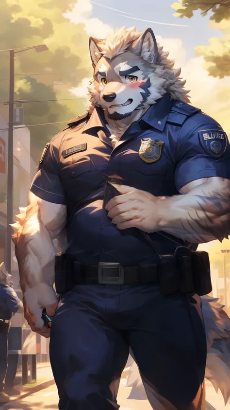 Solitary, anthropology, hairy, hairy male, Wolf, ((Fluffy fur, Fluffy, hairy body)), (Wolf印), (short beard), youth, Gray body, White belly, muscular, White, Big muscles, Golden pupils, Tail, deTailed teeth, deTailed face, Fundos,((Open it) Black tight poli...