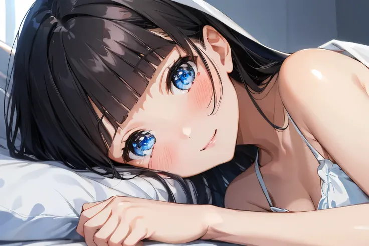 Masterpiece、highest quality、Woman 1、Super detailed　Black Hair、Blunt Bangs　Blue Eyes、Sparkling Eyes　Smiling、blush　White camisole　Face is close、Facial Close-up、Bring your head closer　Lying on the sheets、Lying on your side、Bed In　Holding a sheet