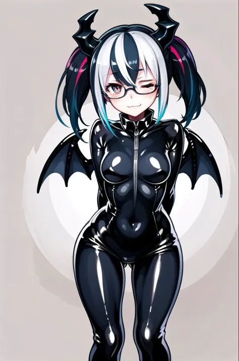 masterpiece,best quality,light particles,1girl,(solo),demon horns,twintails,streaked hair,bodysuit,shiny bodysuit,glasses,demon ...