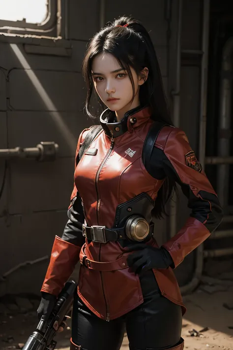 A beautiful woman. Twenty years old. Black hair. She wears a red metallic battle uniform. She is looking at the camera with a tense expression on her face. She holds a small ray gun in one hand. She is standing in a wasteland reminiscent of Mars.