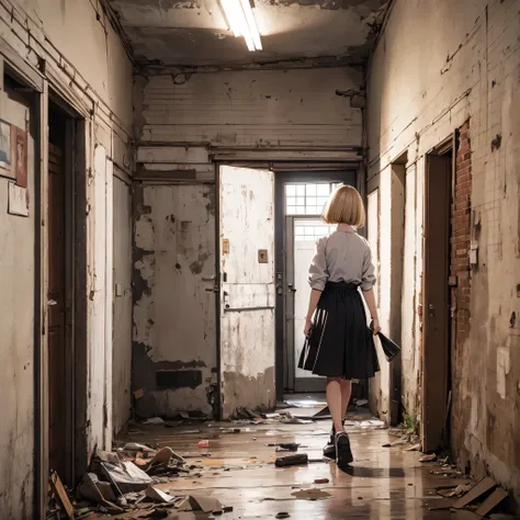 ((20-year-old woman,Blonde short bob hair,She is walking through an empty room)),Huge kids room,room in underground,A room with children&#39;s graffiti,Messy room,Dim electricity,Dimly lit room,There are monsters in the room,Uneasy atmosphere,