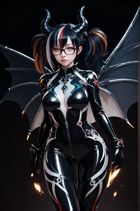 masterpiece,best quality,light particles,1girl,(solo),demon horns,twintails,streaked hair,bodysuit,shiny bodysuit,glasses,demon wings,medium breasts,wide hips,thick thighs,:3,one eye closed,(bent over),arms behind back,(multicolored background),cowboy shot...