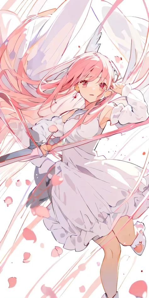 magical madoka ultimate ver, white dress, long pink hair, flying, flying hair, dark background, detail background, madoka, arche...