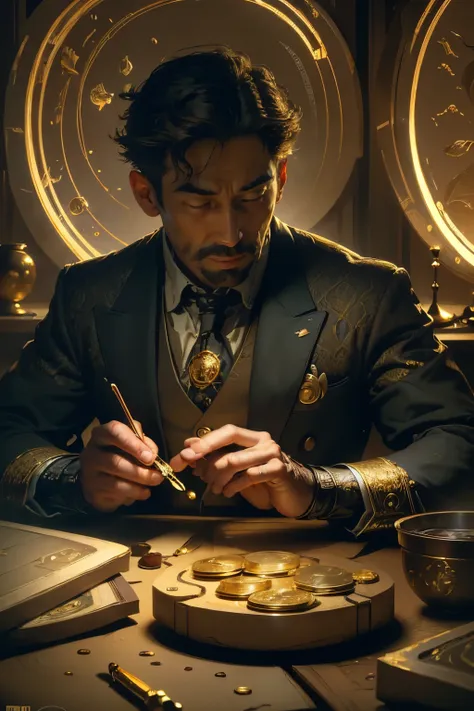 ((best quality)), ((masterpiece)), ((realistic cartoon)), ((perfect character)), ((portrait)):piles of small gold coins,counting...