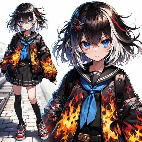 (Masterpiece, top quality), (detailed hair), super detailed, anime style, full body, solo, concept art, badness high school girl, medium short black hair mixed with white hair, Rebellious, sky-blue eyes, wearing fire patterned jacket over black , school sh...