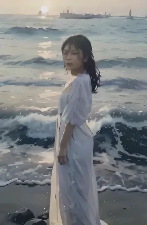 beautiful women in white dress, standing by the ocean and staring at the sunset, realistic face, realistic body,