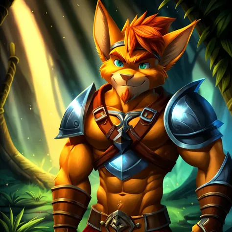 (ultra detailed), a magnificent full-size portrait of Jak, the renowned hero from Jak and Daxter, showcasing his superbly muscled physique. He is attired in the heroic armor of Zeya, a knight from Knights of the Zodiac. The armor, adorned with intricate de...