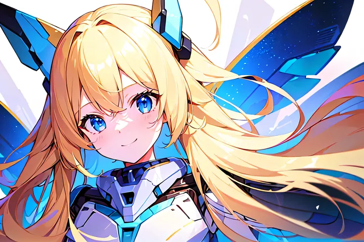 [(WHITE BACKGROUND:1.5),::5], masterpiece, absurdres, best quality, upper body, 1girl, solo, (blond hair), long hair, blue eyes, science fiction, (mecha musume:1.4), v-fin, yellow hologram wing, smile face, Anime style