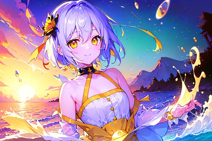 [(SUNSET SEA BACKGROUND:1.5),::5], ((((masterpiece)))), high quality, very_high_resolution, large_filesize, upper body, full color, ((little girl)), short white hair, vivid color, ((yellow eye)), Summer clothes white, smile, animestyle, (NeonSoda Splash ef...