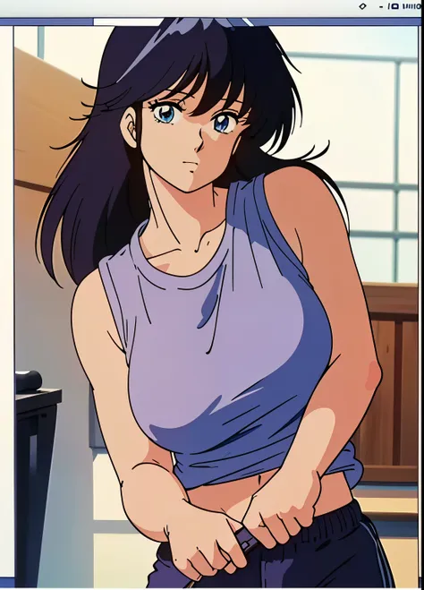 high quality, masterpiece, best quality, anime screen cap, 1girl, dark blue hair, white sleeveless shirt, shorts, ((perfect anat...